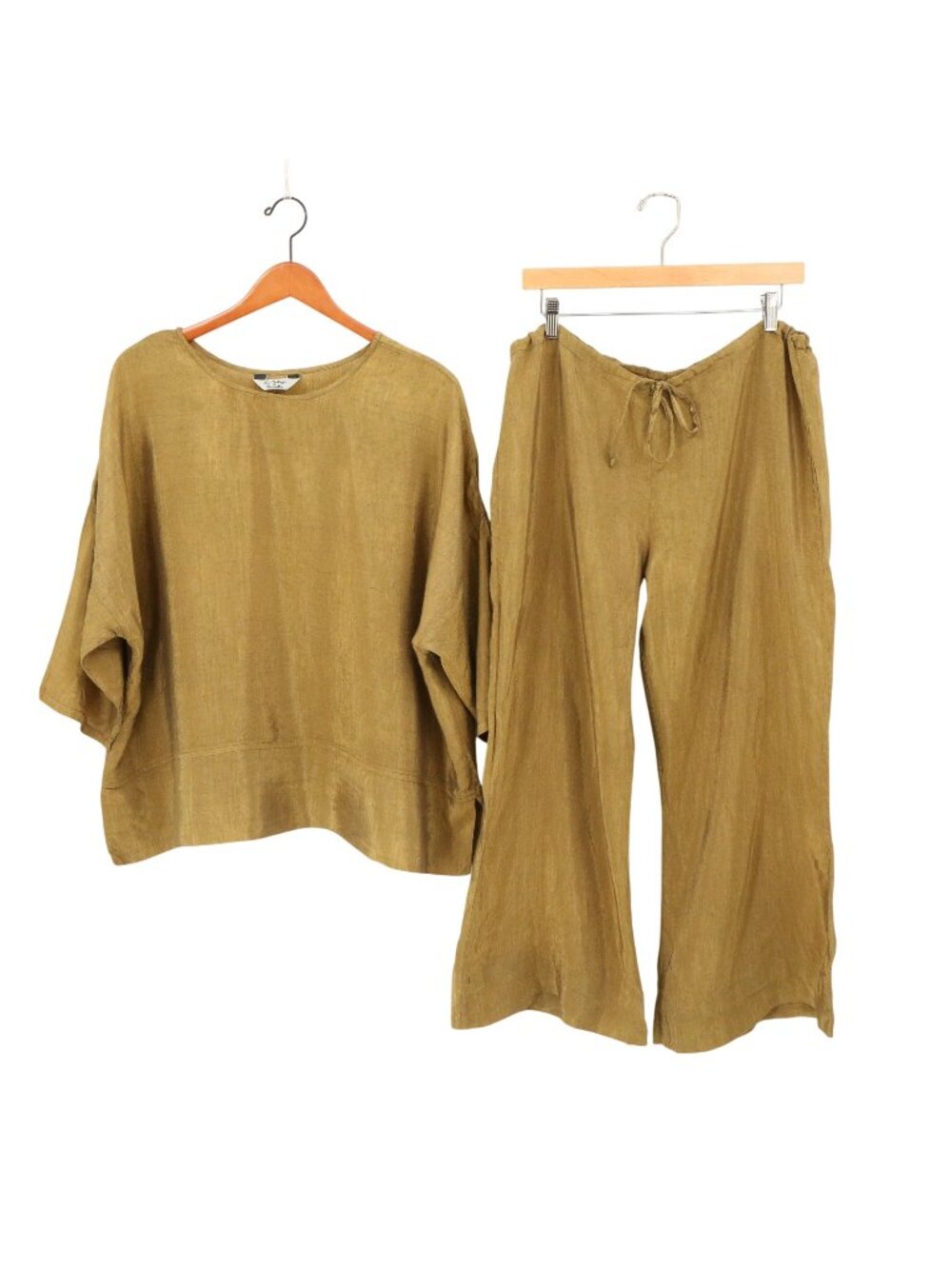 La Bottega di Brunella Golden Shiny Linen Top Wide Leg Pants Outfit Set One Size